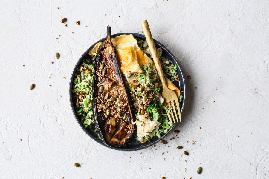 Miso Eggplant with Zuccini Broccoli Rice and Sesame Omelette