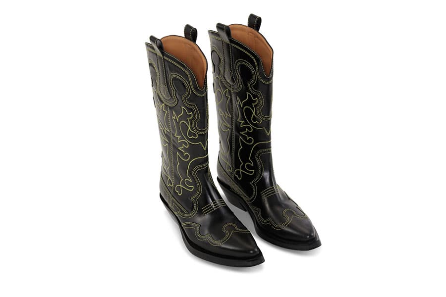 Ganni Black and Yellow Mid Shaft Embroidered Western Boots
