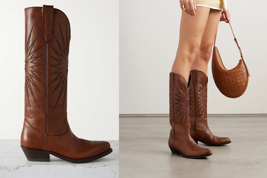 GOLDEN GOOSE Designer Wish Star Embroidered Tall Leather Cowboy Boots in Tan Brown.