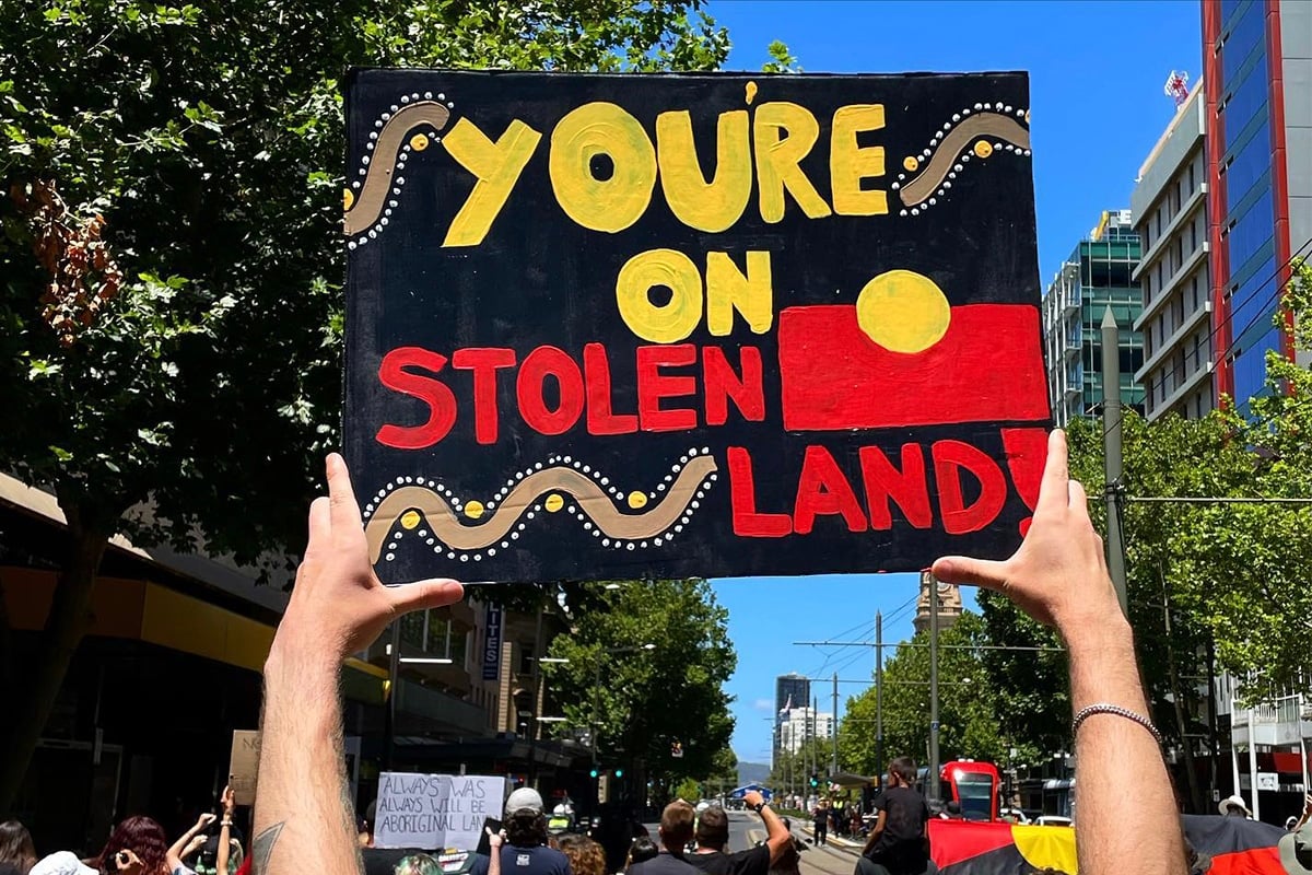 "You're on Stolen Land", reads a protest sign from a First Nations rally. Image taken by Jordan Ellis.