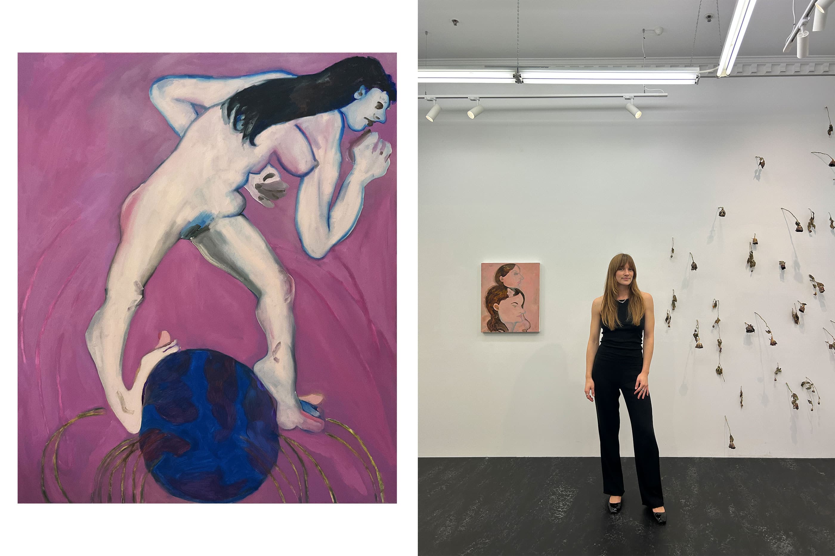 Left: Caitlin Aloisio Shearer 10,000 Steps (2023). Right: Exhibition curator, Chloe Borich, at Pass~Port Store & Gallery.