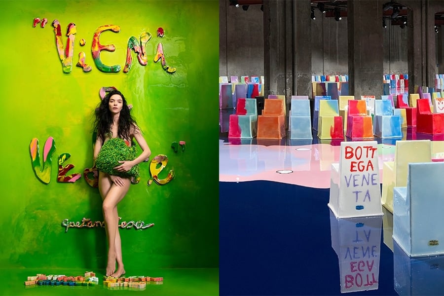 Collage of Bottega editorial collaboration with designer Gaetano Pesce and the runway for Bottega Veneta set design