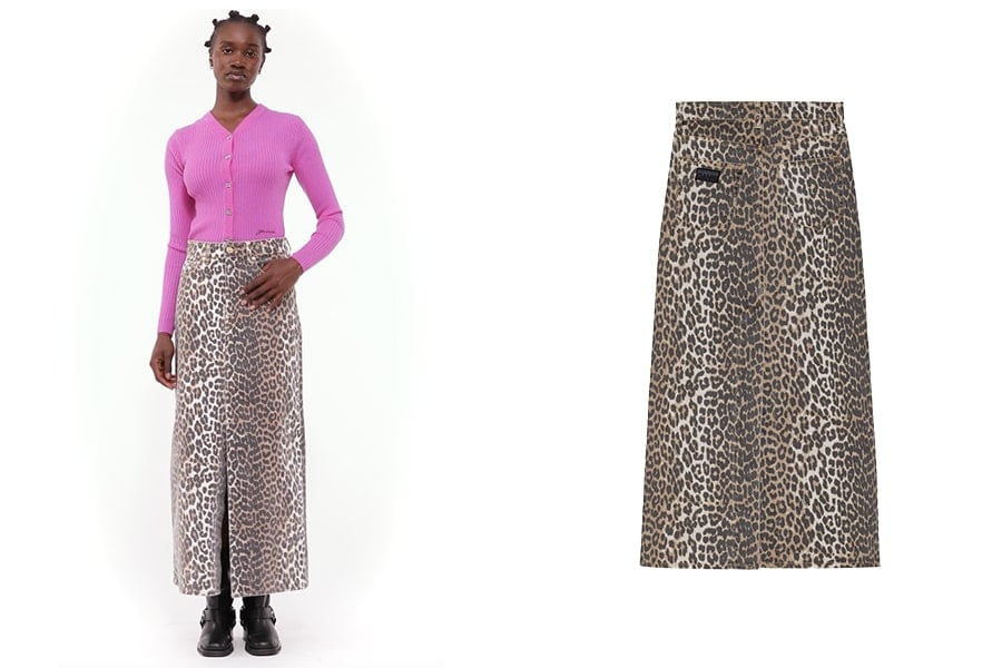 GANNI Leopard Denim Maxi Slit Skirt